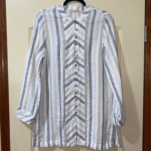 SOFT SURROUNDINGS 100% Linen Button Front Blouse Cream Blue Women’s Size Medium